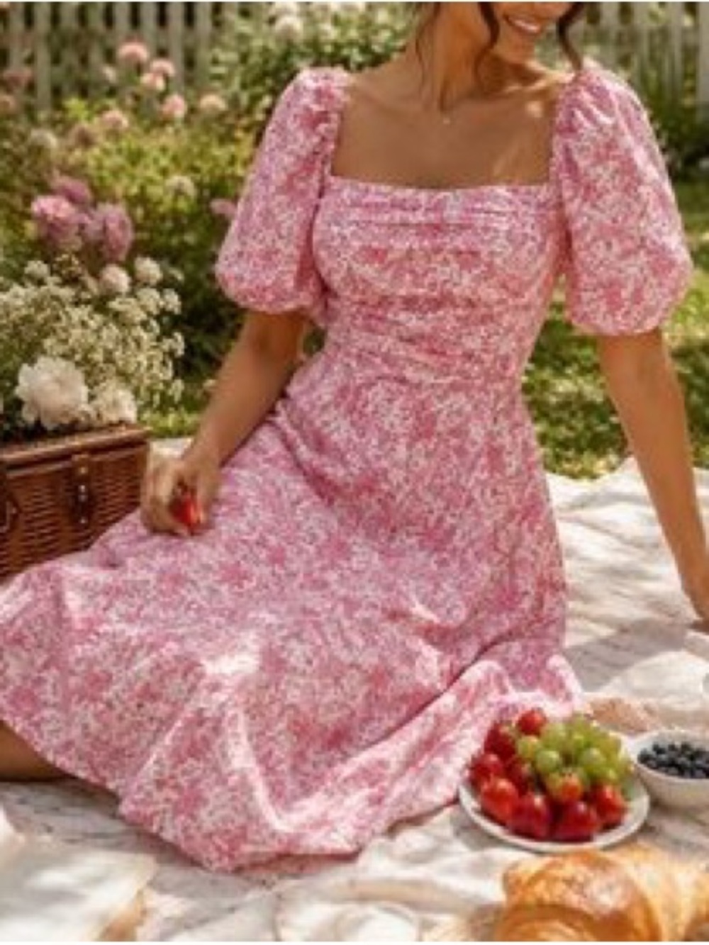 OPT Pink and White Floral Puff Sleeve Smocked River Midi Dress XS